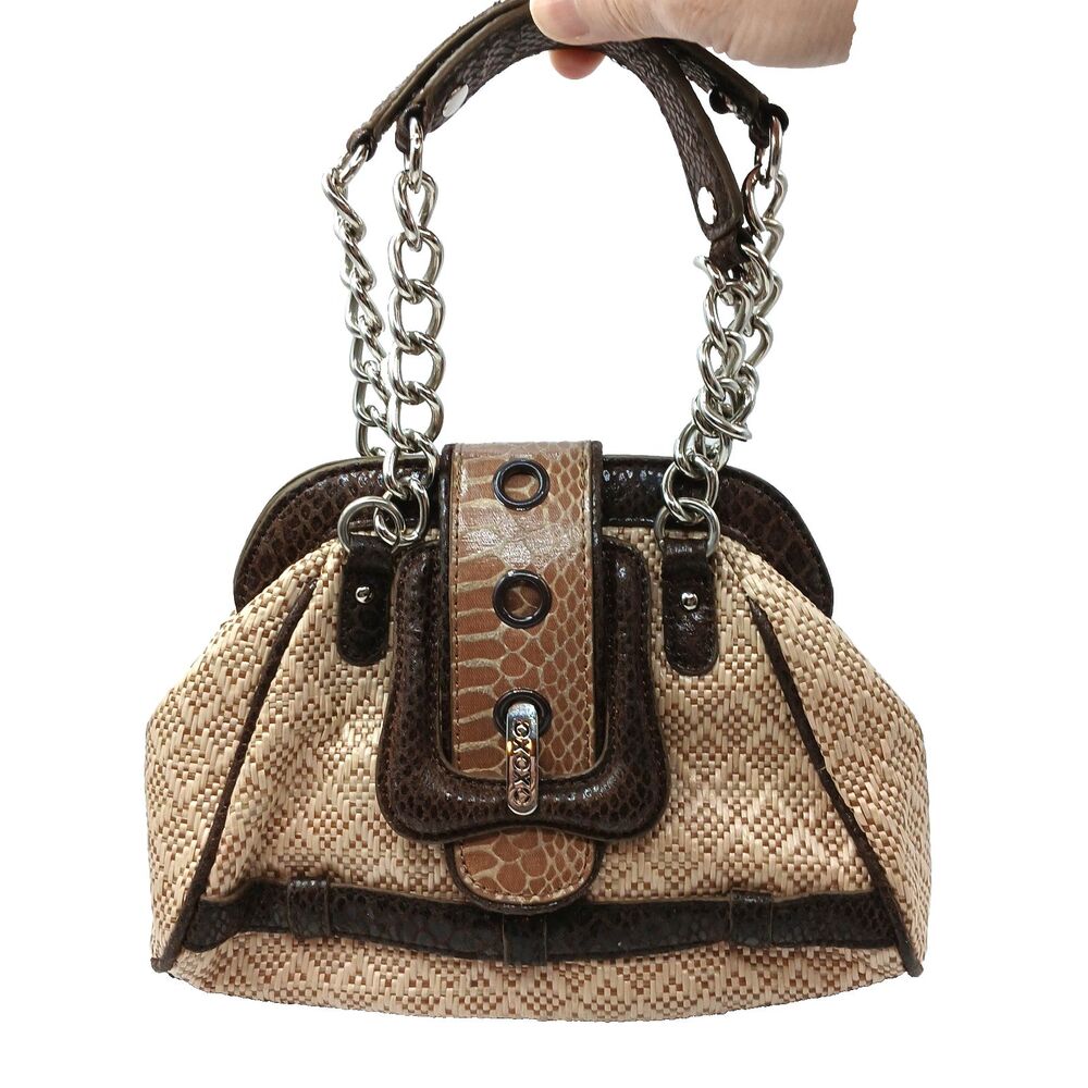 XOXO Beige Y2K Purse Bag Tan & Brown Woven Raffia Faux Snakeskin Trim Chain 8x6"